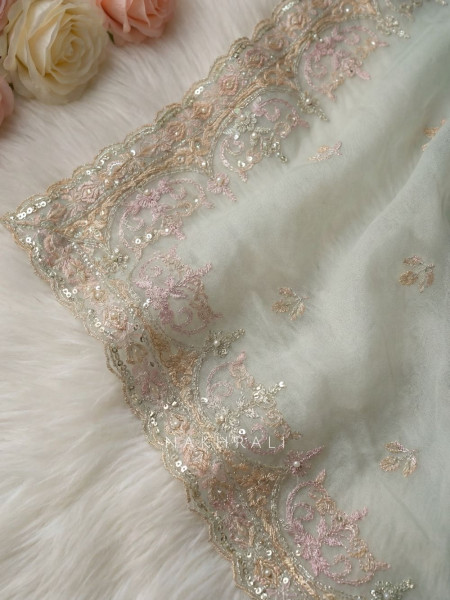 Nuvella Pista Green Floral Embroidered Dress Material with Pearl Border