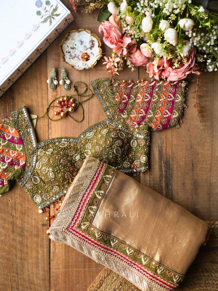 Image of Kairi Mehendi Green Saree with Zari And Mirror Work