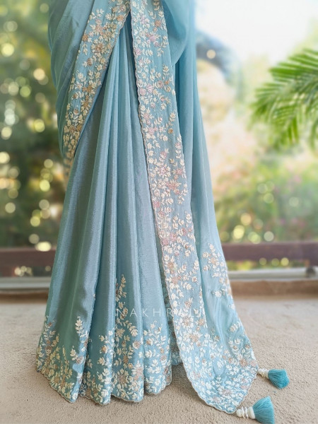 Velmira Sea Green Embroidered Saree with Heavy Thread Work and Readymade Blouse