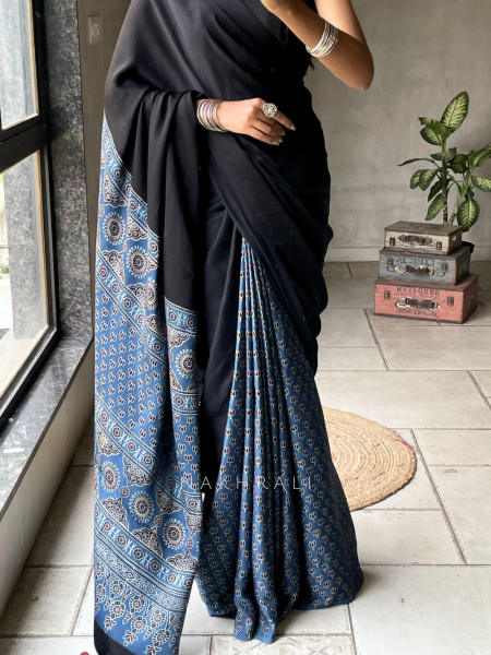 Kairav Blue Black Modal Block Print  Saree