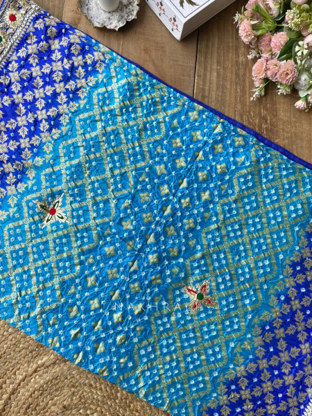 Marlowe Blue Bandhej Saree with Embroidered Border and Running Blouse Piece