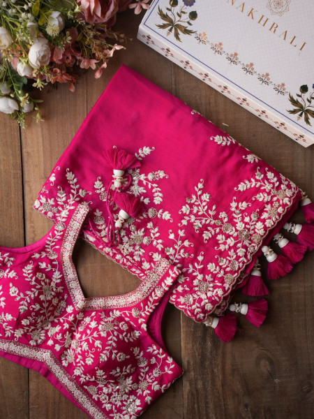 Velmira Magenta Embroidered Saree with Heavy Thread Work and Readymade Blouse