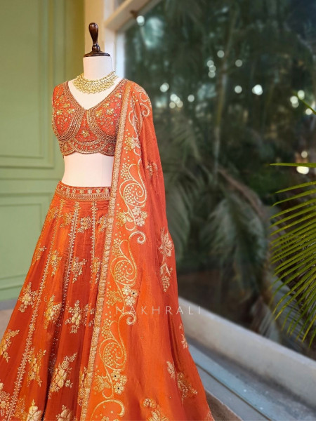 Kesarika Orange Zari Lehenga with Sequin Floral Work