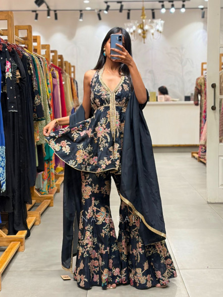 Wamika Black Floral Flared Suit Set with Zari Work