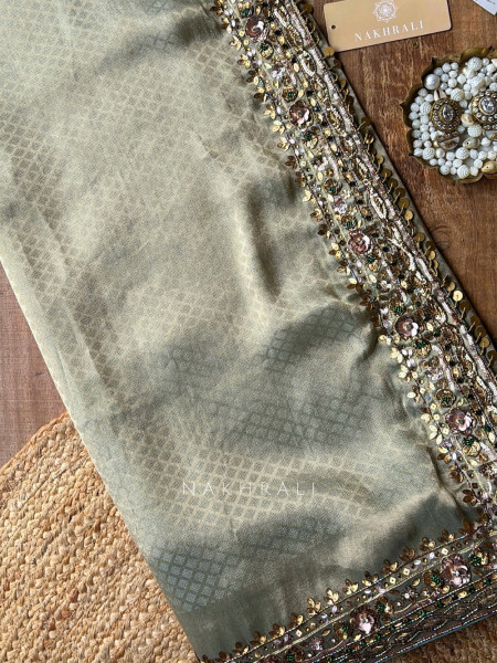 Lustre Trellis Sage Green Tissue Silk Saree with Readymade Blouse