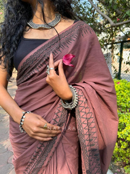 Vanika Brown Cotton Handblock Saree