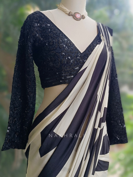Fashion Frame Black and White Drape Saree with Sequin Embroidered Blouse