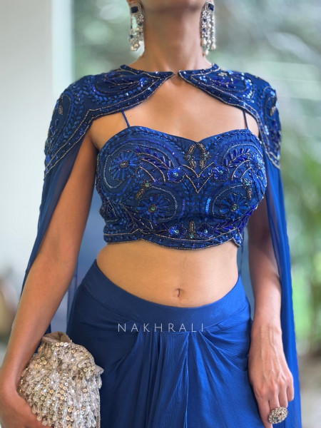 Lustre Veil Royal Blue Crop Top Skirt with Cape and Sequin Cut Dana Work