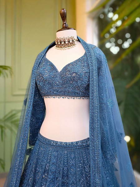 Aureva Blue Net Lehenga Set with Intricate Sequin Embroidery