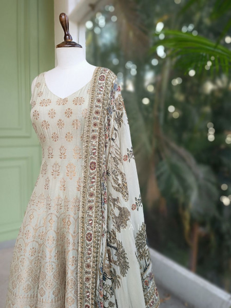 Nazakat Ivory Woven Fabric Suit Set with Stone Work