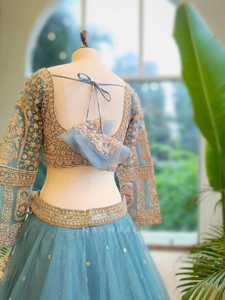 Celeste Blue Net Lehenga with Zari & Sequin Work Blouse