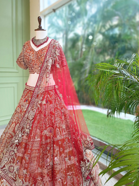 Bhavika Antique Brown Raw Silk Tissue Bridal Lehenga