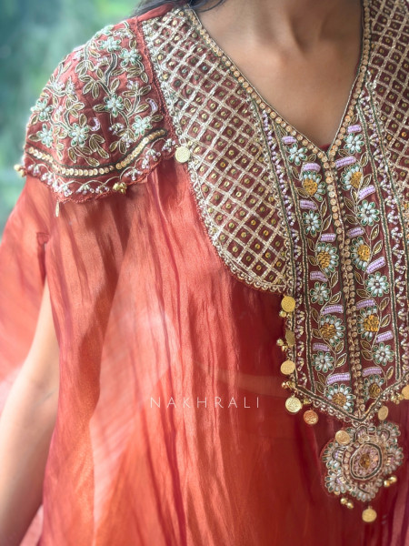 Ochre Shimmer Rust Tissue Co-ord Set with Coin-Fringe Embroidered Cape