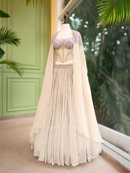 Brivelle Ivory Net Corset Lehenga Set with Sequin Cape