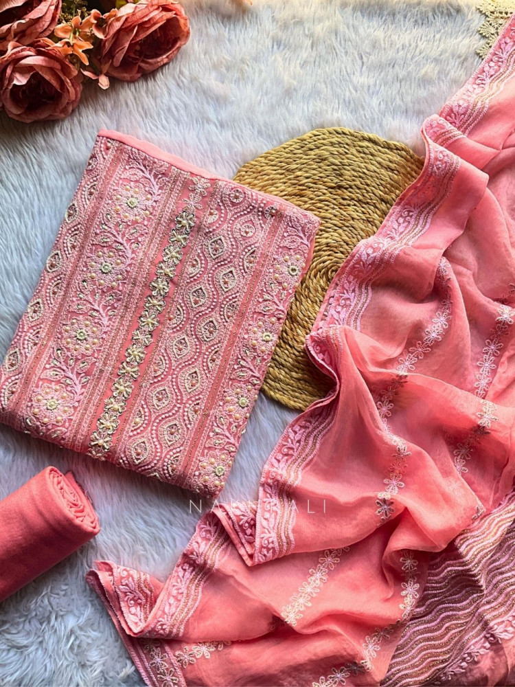 Image of Aaira Pink Embroidered Dress Material Set