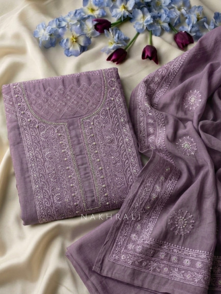 Avarna Purple Pearl Beads Embroidered Dress Material