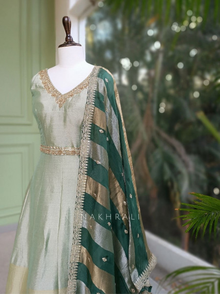 Virelle Green Silk Anarkali Suit Set with Zari and Sequin Work