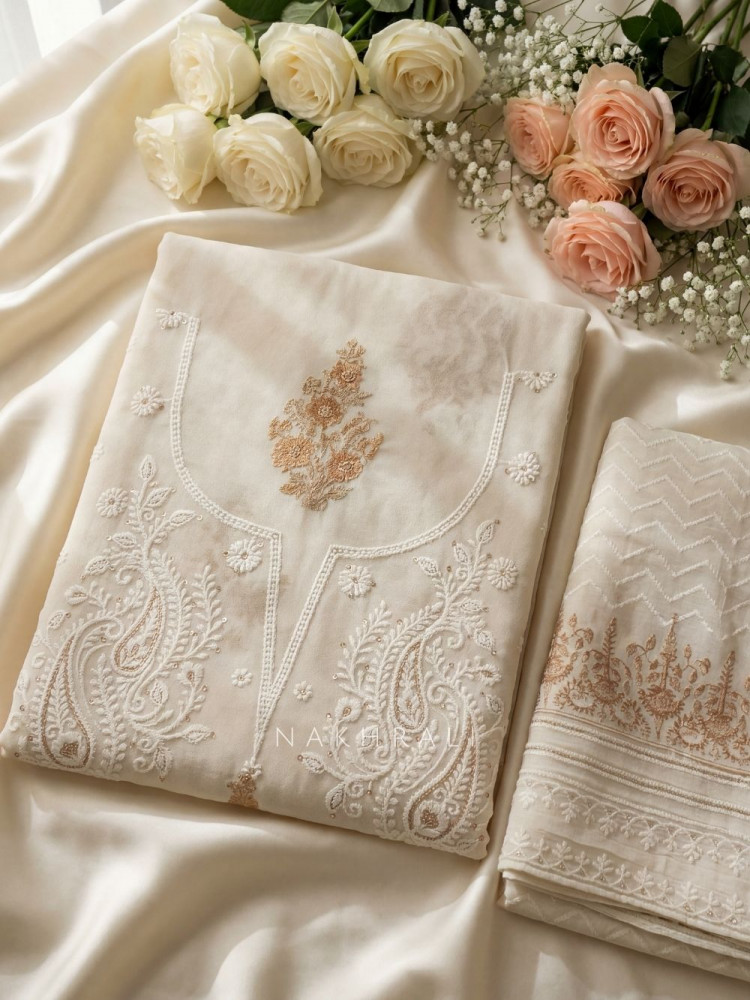 Image of Clarivelle Cream Floral Printed Dress Material with Thread Embroidery