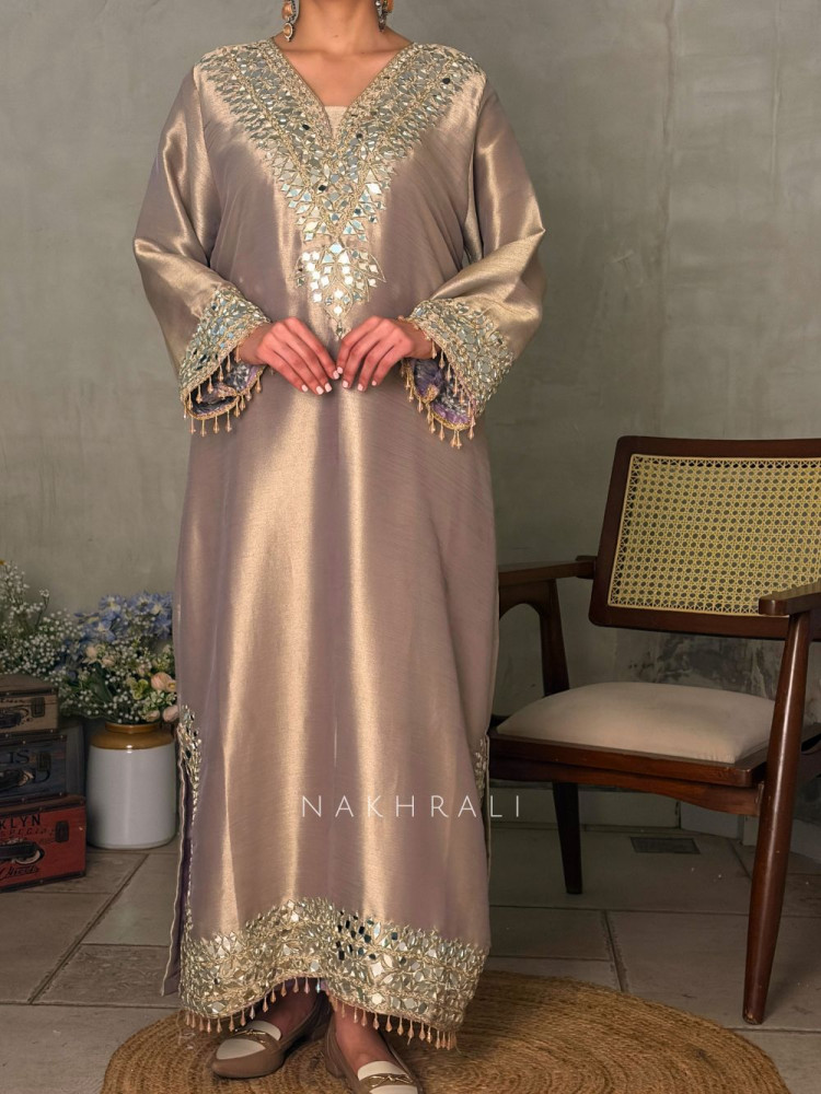 Image of Aks Lavender Tissue Suit Set with Mirror Zari Work