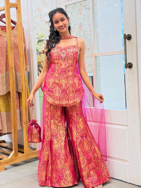 Afsana Magenta Brocade Palazzo Kurta Set with Zari Bead Work