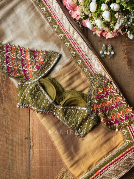 Kairi Mehendi Green Saree with Zari And Mirror Work