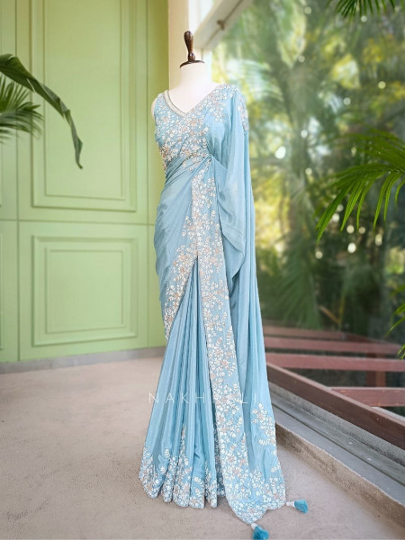 Velmira Sea Green Embroidered Saree with Heavy Thread Work and Readymade Blouse