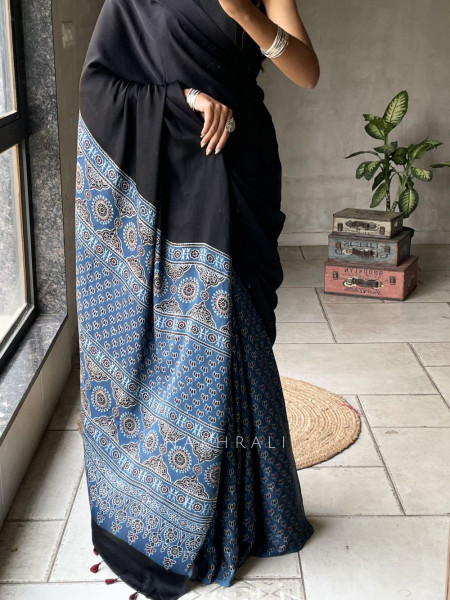 Kairav Blue Black Modal Block Print  Saree
