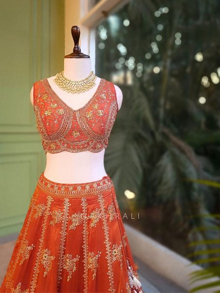 Kesarika Orange Zari Lehenga with Sequin Floral Work