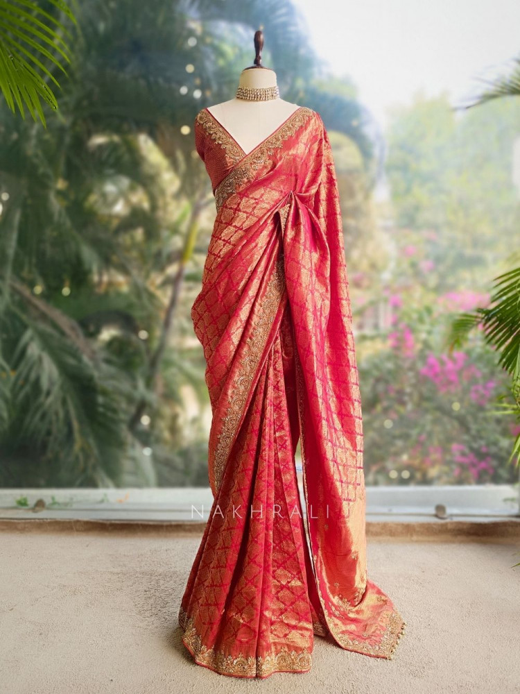 Image of Vedika Red Kanjivaram Saree with Zari and Sequin Border