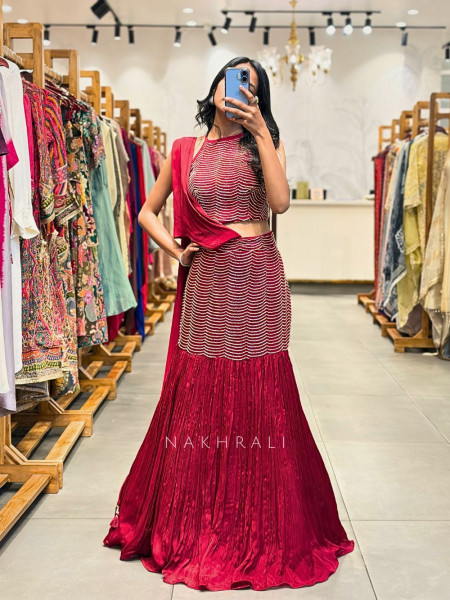Rihana Maroon Mermaid Indo Western Lehenga with Bead Work