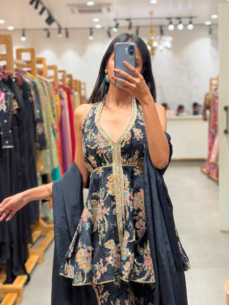 Wamika Black Floral Flared Suit Set with Zari Work