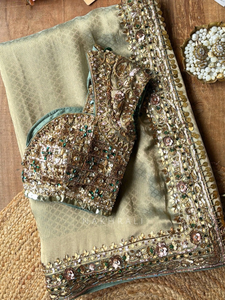 Lustre Trellis Sage Green Tissue Silk Saree with Readymade Blouse