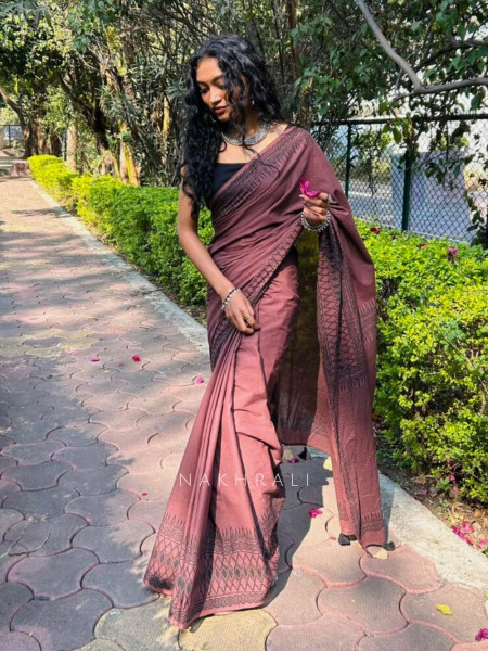 Vanika Brown Cotton Handblock Saree