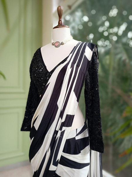 Fashion Frame Black and White Drape Saree with Sequin Embroidered Blouse