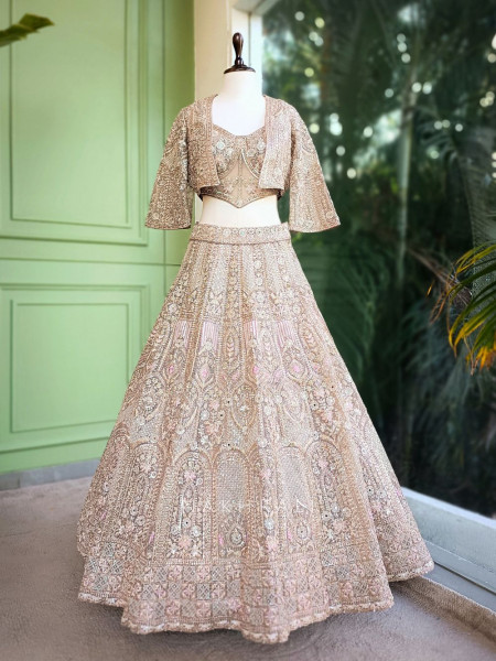 Celestique Beige Embroidered Jacket Lehenga
