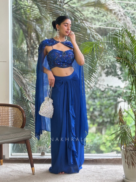 Lustre Veil Royal Blue Crop Top Skirt with Cape and Sequin Cut Dana Work