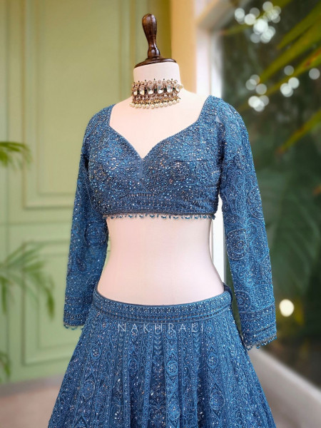 Aureva Blue Net Lehenga Set with Intricate Sequin Embroidery