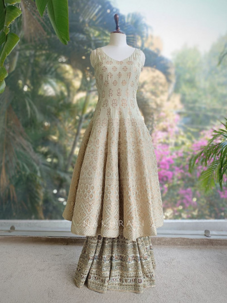 Nazakat Ivory Woven Fabric Suit Set with Stone Work