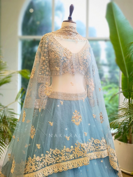 Celeste Blue Net Lehenga with Zari & Sequin Work Blouse
