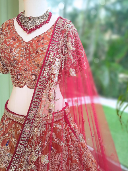 Bhavika Antique Brown Raw Silk Tissue Bridal Lehenga