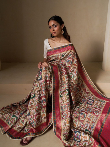 Ivory Dola Silk Saree with Traditional Motif Print