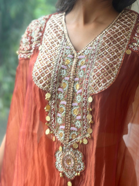Ochre Shimmer Rust Tissue Co-ord Set with Coin-Fringe Embroidered Cape