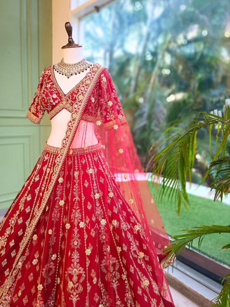 Surkh Noor Red Heritage Bridal Lehenga with Scalloped Dupatta
