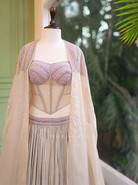 Brivelle Ivory Net Corset Lehenga Set with Sequin Cape