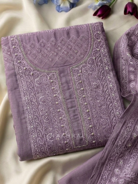 Avarna Purple Pearl Beads Embroidered Dress Material