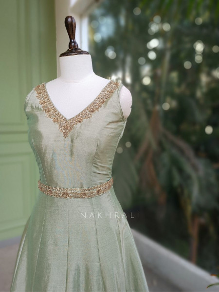 Virelle Green Silk Anarkali Suit Set with Zari and Sequin Work