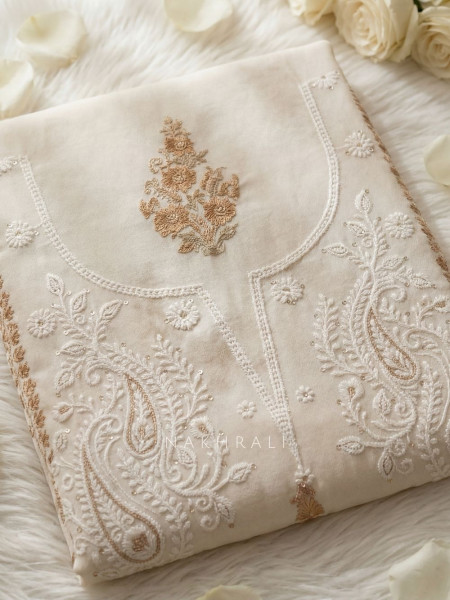 Clarivelle Cream Floral Printed Dress Material with Thread Embroidery