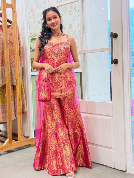 Afsana Magenta Brocade Palazzo Kurta Set with Zari Bead Work