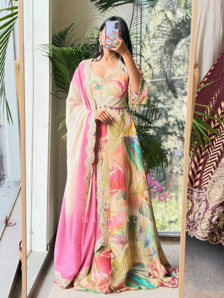 Aaravi Pastel Floral Tissue Anarkali Set with Ombre Dupatta