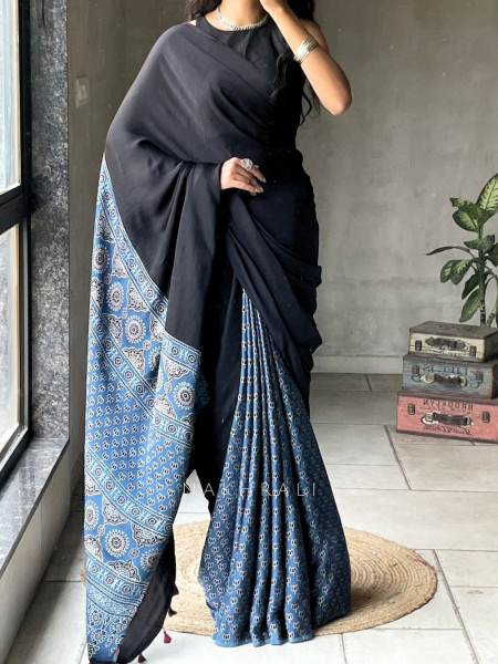 Kairav Blue Black Modal Block Print  Saree